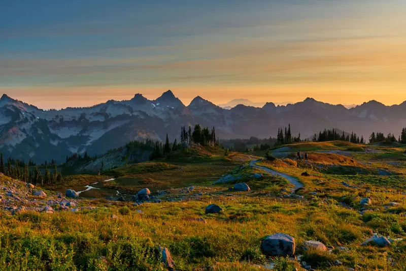 Golden alpine meadow below jagged Cascade peaks at sunset