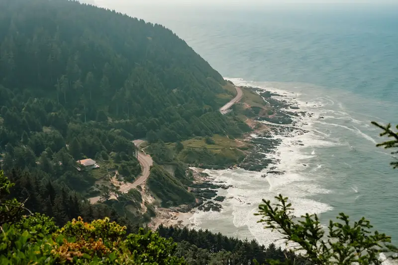 Forested headland meeting the surf on the Oregon coast
